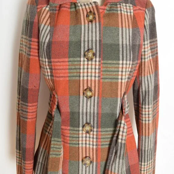 Jack BB Dakota coat jacket rust brown plaid hooded olive green womens S - Picture 7 of 8